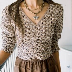 NWT SHUG Women’s Multi Tweed 3/4 Sleeve Top Beige Brown Holiday Size XS